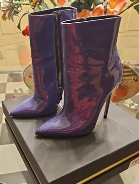 Patent Pointed-Toe Purple Stiletto Ankle Boots with Side Zip